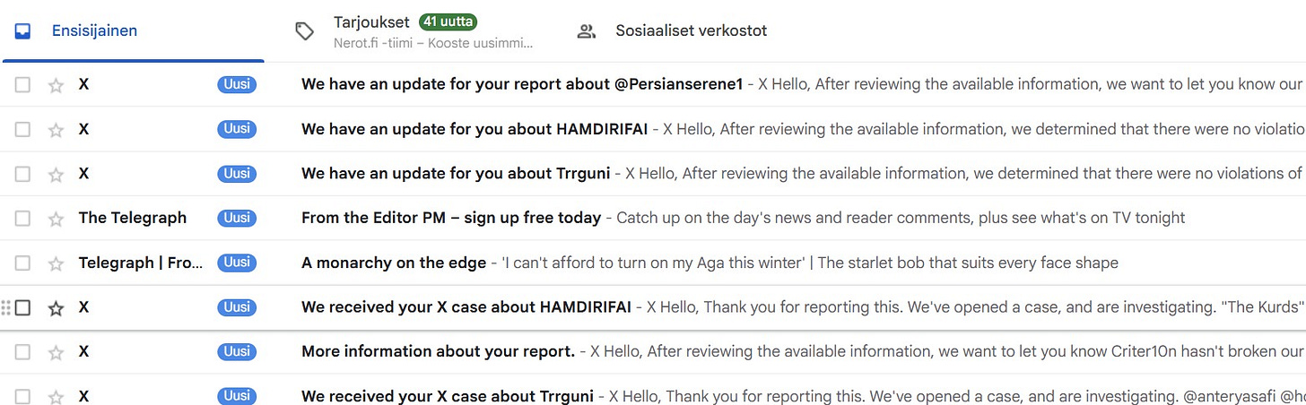 X ei lähettänyt mitään sähköpostiakaan, mikä olisi ollut sääntöjen vastaista.