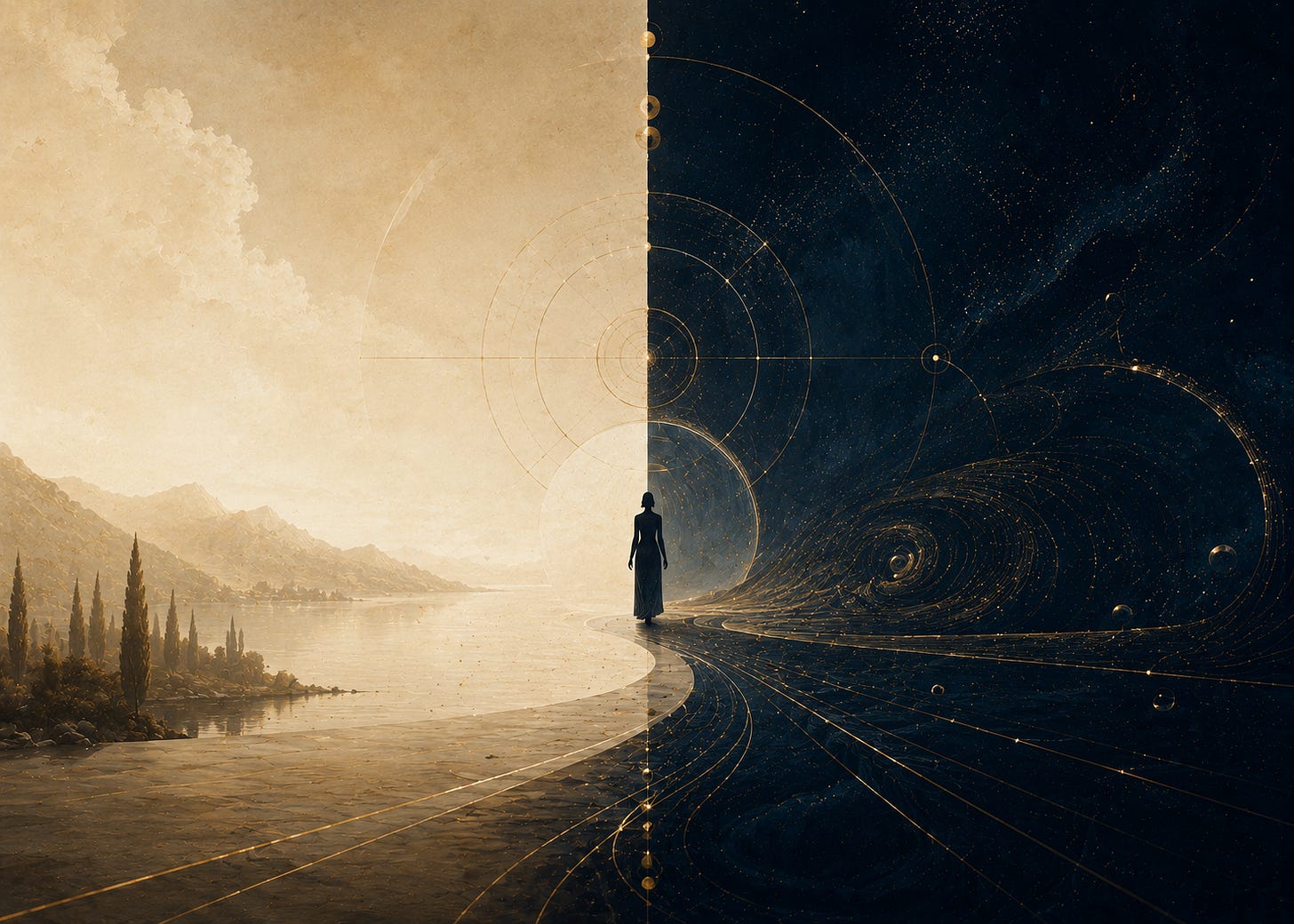 Wide cinematic editorial image in cream, navy, and gold tones. A solitary figure walks along a winding path that divides two contrasting worlds. The left side is a luminous cream landscape with calm water, distant mountains, and soft atmospheric light. The right side transforms into a deep navy cosmic field filled with glowing gold geometric linework, celestial patterns, and swirling abstract structures. Subtle sacred geometry radiates outward from the center, visually suggesting the line between conscious thought and deeper inner knowing.