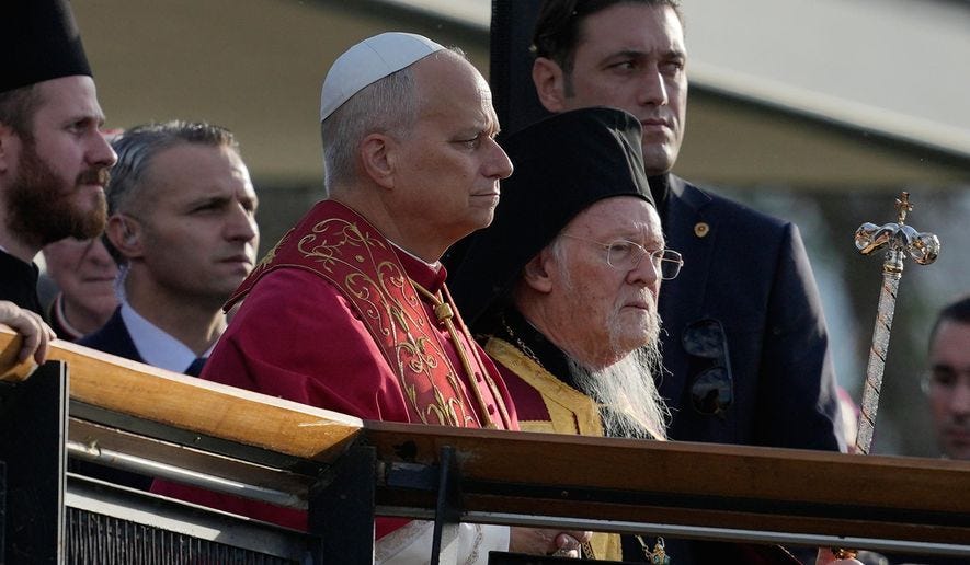 Pope Leo XIV, left, and Ecumenical Patriarch Bartholomew I, the spiritual leader of the world's Eastern Orthodox Christians arrive for an Ecumenical prayer service at archaeological excavations of the ancient Byzantine-era Christian Saint Neophytos Basilica, in Iznik, Turkey, Friday, Nov. 28, 2025, marking the 1,700 years anniversary of the Council of Nicaea. (AP Photo/Khalil Hamra) Pope Leo XIV, left, and Ecumenical Patriarch Bartholomew I, the spiritual leader of the world's Eastern Orthodox Christians arrive for an Ecumenical prayer service at archaeological excavations of the ancient Byzantine-era Christian Saint Neophytos Basilica, in Iznik, Turkey, Friday, Nov. 28, 2025, marking the 1,700 years anniversary of the Council of Nicaea. (AP Photo/Khalil Hamra)