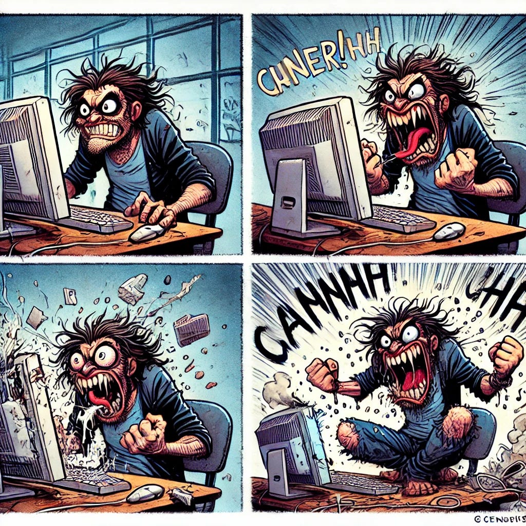 A humorous comic strip featuring a truly feral computer user. In the first panel, a person with messy hair, torn clothes, and a crazed look sits in front of a computer, aggressively mashing the keyboard with both fists, their face full of frustration. The screen shows garbled text and error messages. In the second panel, they are yanking the mouse cord with their teeth, snarling like a wild animal as the computer beeps in distress. In the third panel, they throw the monitor out the window in a fit of uncontrollable rage, screaming as if they were in battle. In the final panel, they sit cross-legged on the floor, arms crossed, pouting like a stubborn child while the destroyed computer smokes in the background. The comic has exaggerated expressions and a chaotic, slapstick tone.