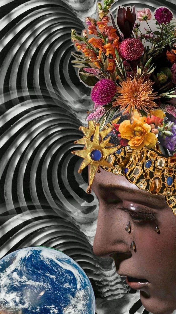  Collage of grey and black swirls as a background, in the foreground a crying Madonna with a crown of yellow, orange, red and link flowers, with gold and multicolored gemstones. She looks down with tears in her eyes, crying as she looks at the Earth.