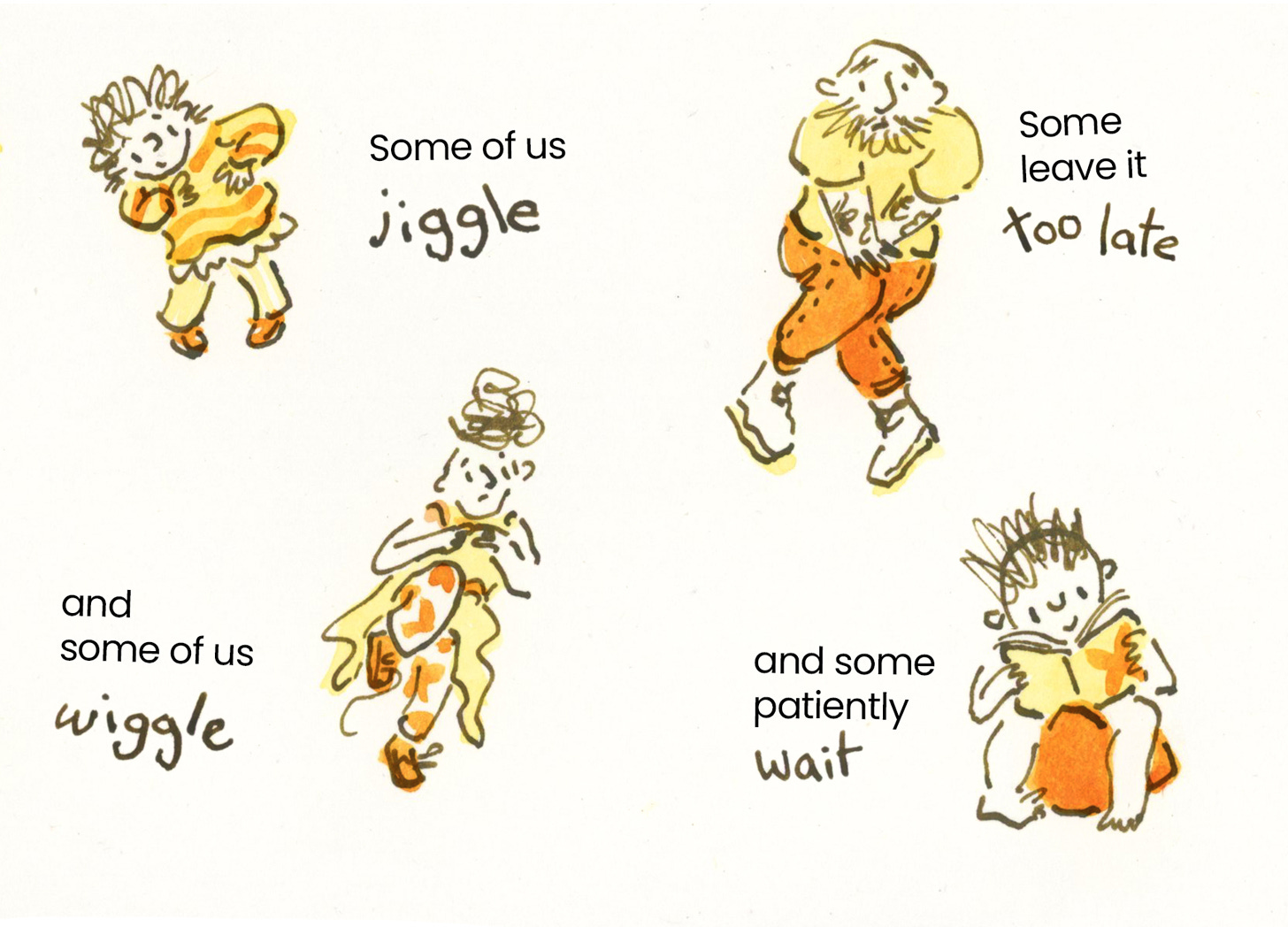A series of figures that need to pee and are jiggling and wiggling. Yellow and brown pen and ink illustrations by Nanette Regan