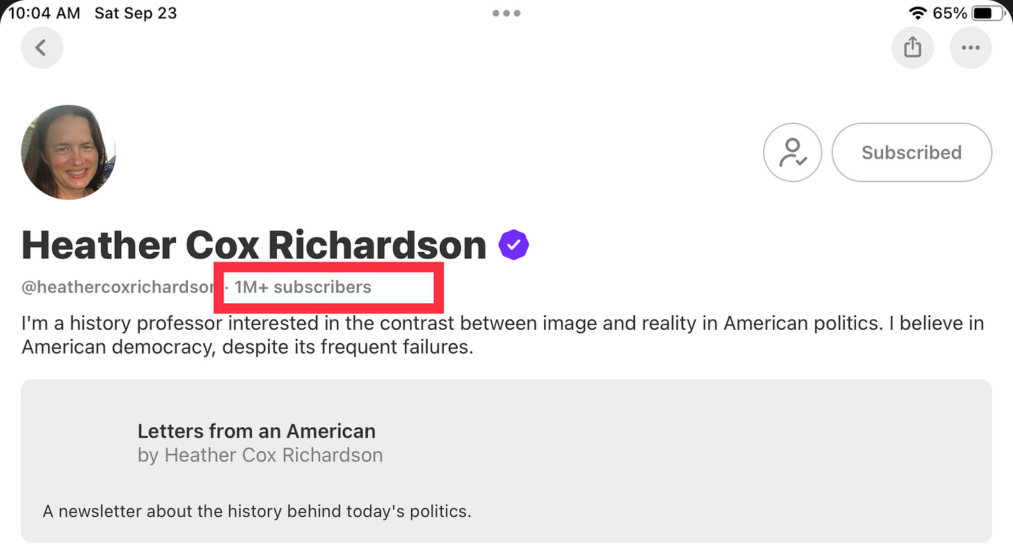 Screenshot of Heather Cox Richardson's Substack profile