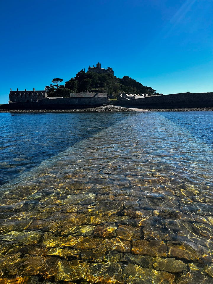photos of St Michael's mount and the flooded causeway