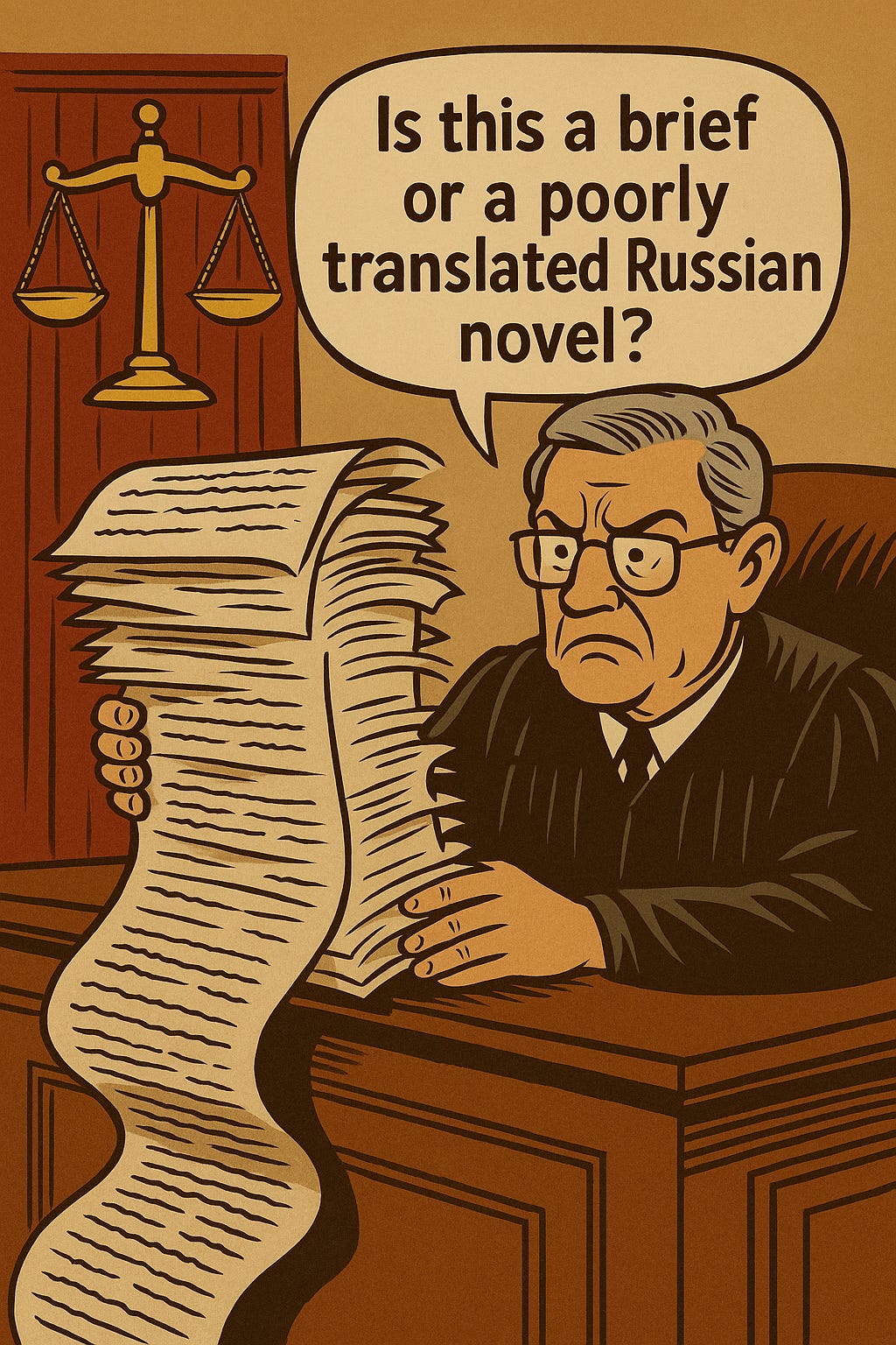 Ilustração cômica de um juiz carrancudo segurando uma petição absurdamente longa e dizendo: “Is this a brief or a poorly translated Russian novel?”, criticando o excesso de verborragia e a falta de clareza na redação jurídica.