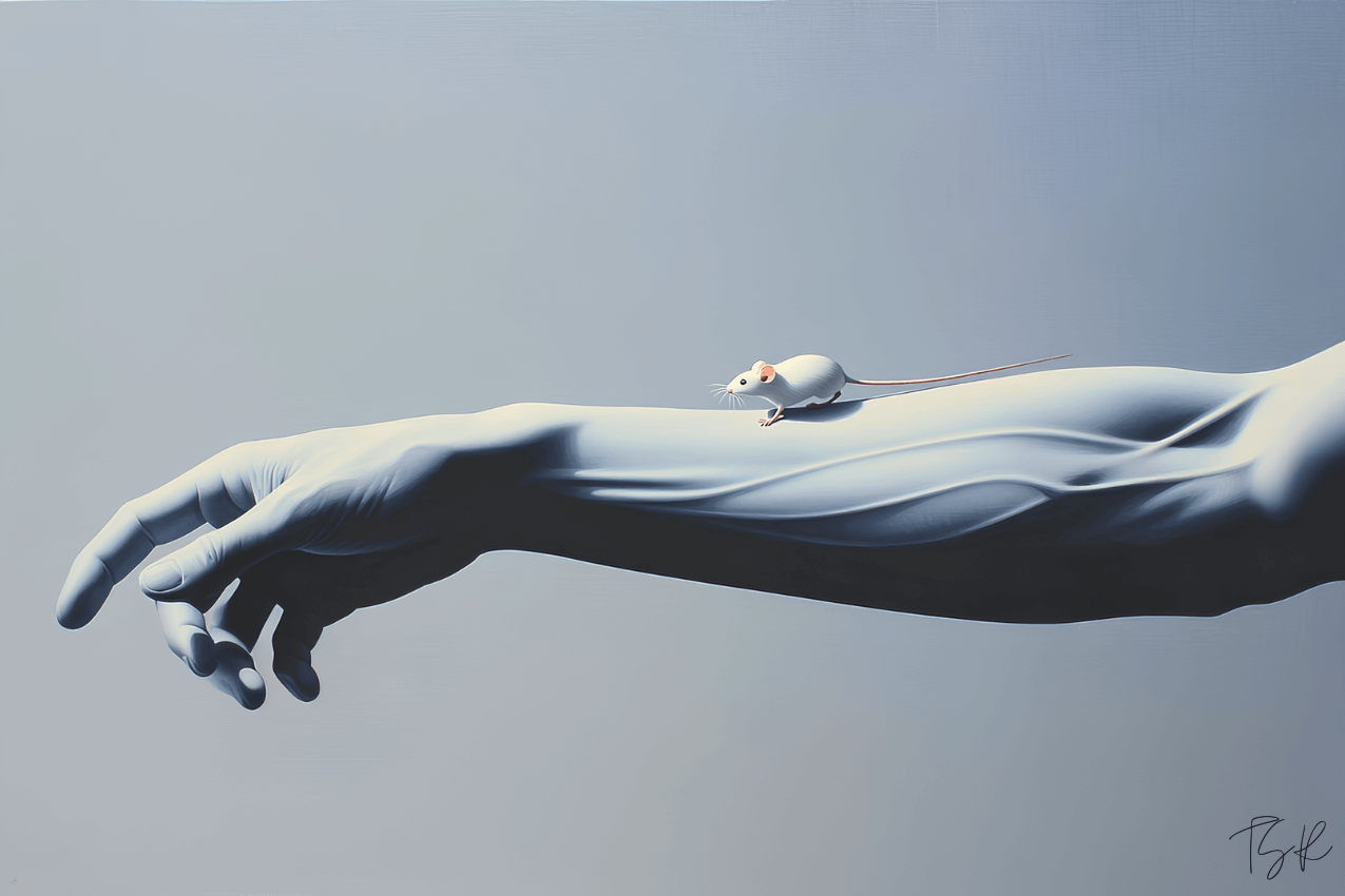 Outstretched male arm in bluish tones showing muscles and veins, with a small mouse perched on it.