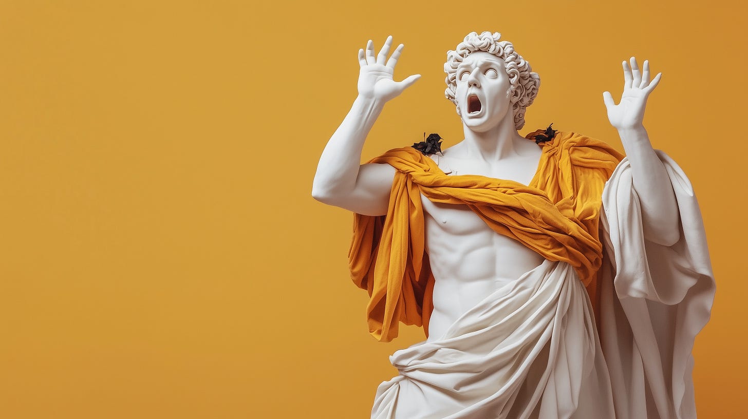 Greek statue. Expression of man is one of a state of shock Greek statue. Expression of man is one of a state of shock