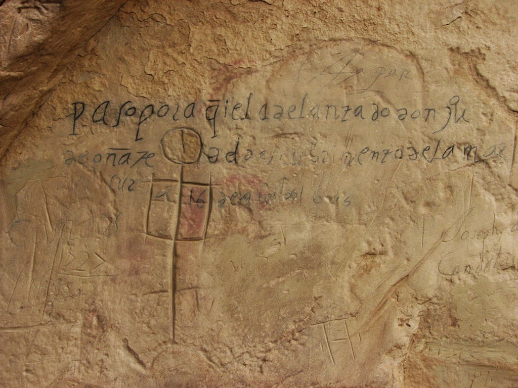 Juan de Oñate inscription on rock face at at El Morro which reads: “Governor Don Juan de Oñate passed through here, from the discovery of the Sea of the South on the 16th of April, 1605."