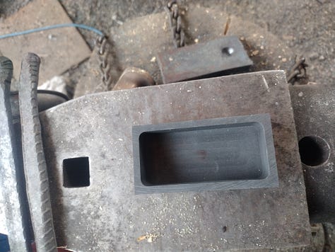 Empty ingot mold, filled ingot mold, ingot mold in the forge.