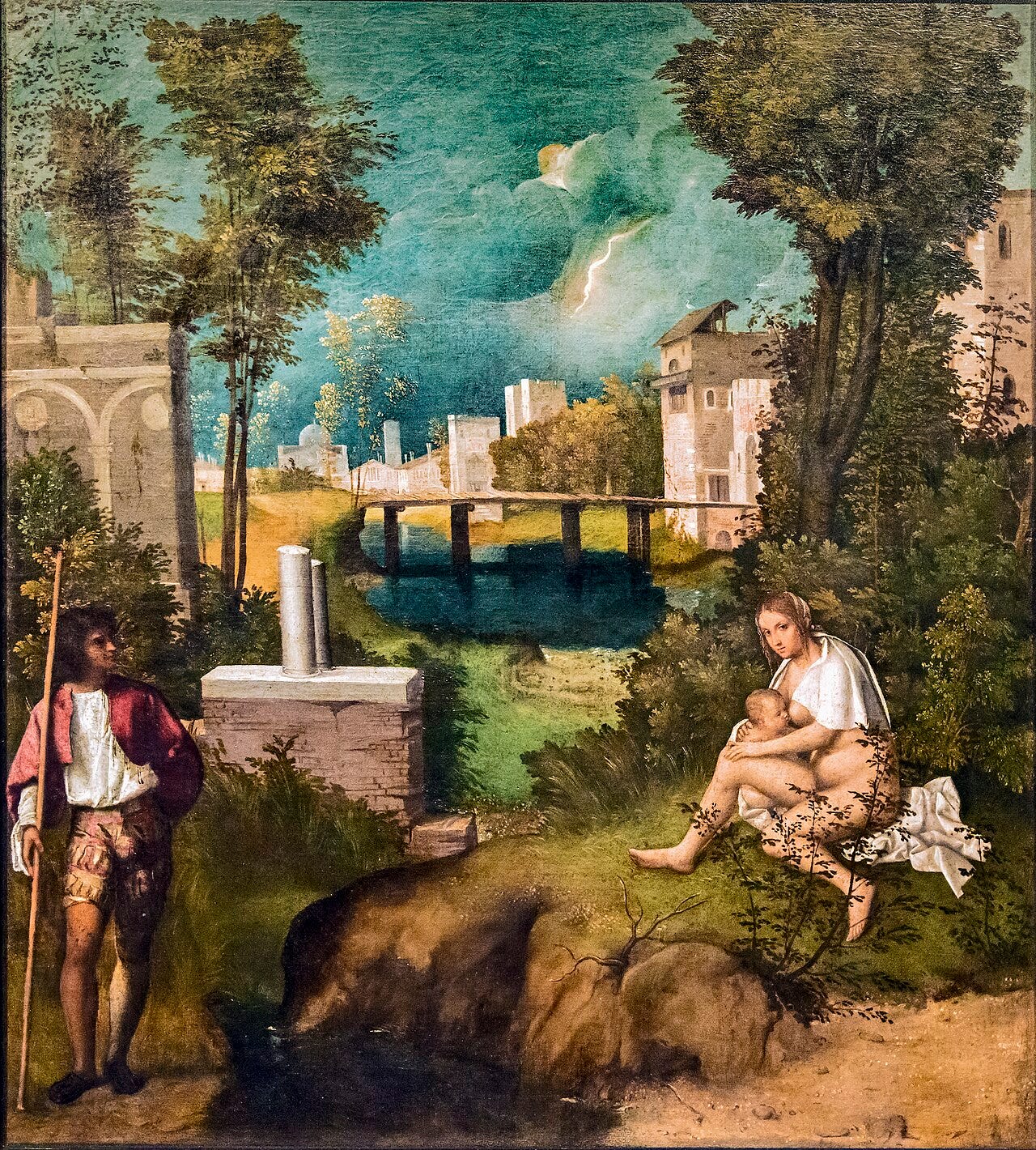 A young man with a staff and a nursing woman on either side of a stream, under a lightning bolt above a small town