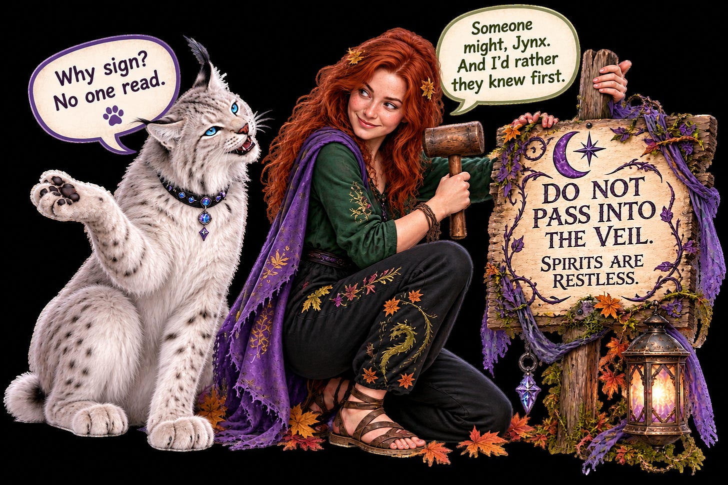 Jynx asking Angelika why she is putting up a warning sign at the Spirit Veil. He says no one reads them. Jynx asking Angelika why she is putting up a warning sign at the Spirit Veil. He says no one reads them.