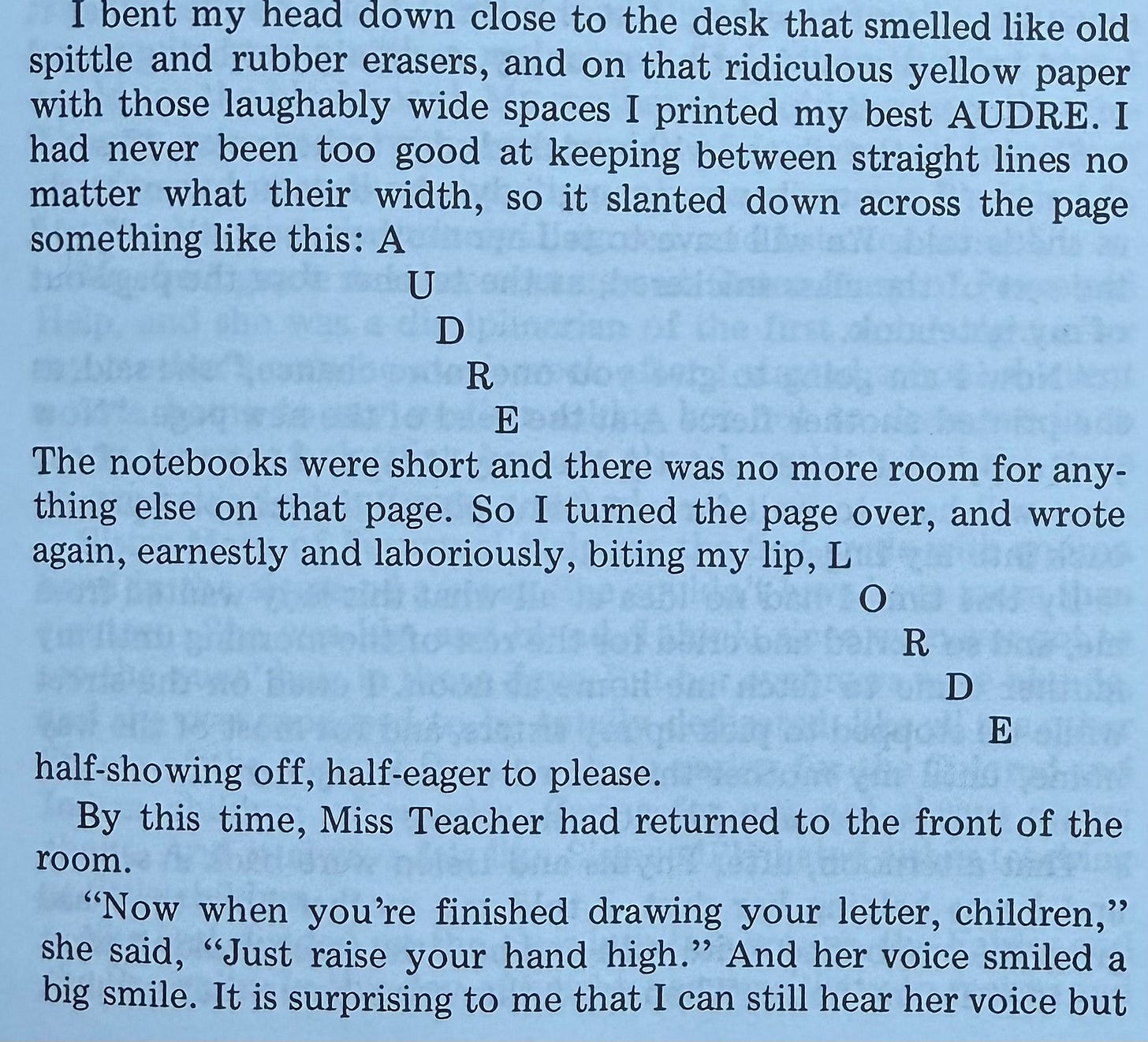 Screenshot from Zami which shows the slanted spelling of the author's name. She spells Audre, leaving off the y, to then turn over the page to spell LORDE