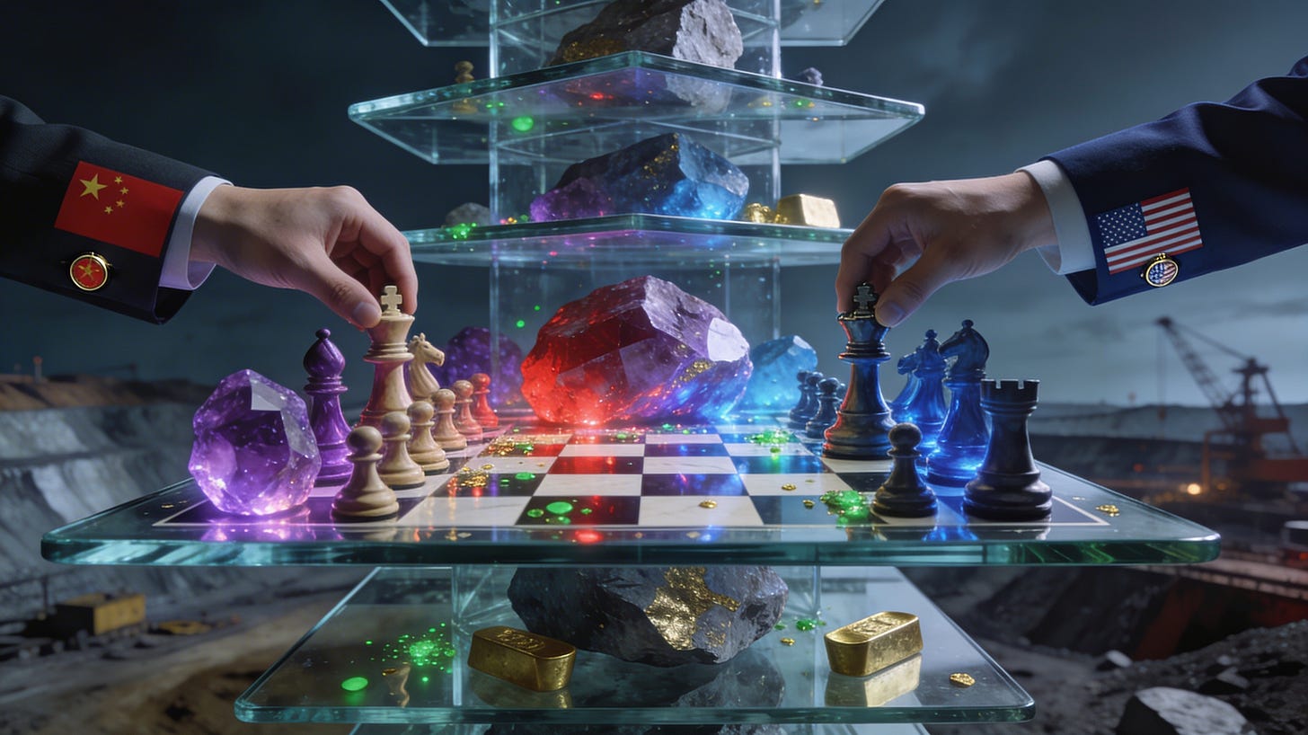 Multidimensional mineral chess with vibrant glowing minerals between US and China. Multidimensional mineral chess with vibrant glowing minerals between US and China.