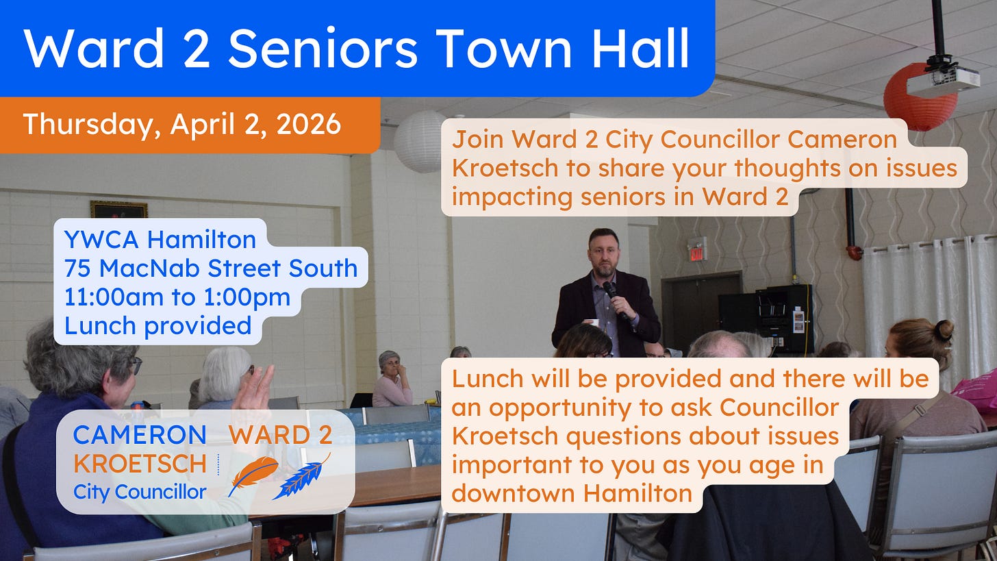 Ward 2 Seniors Town Hall - Thursday, April 2, 2026 - YWCA Hamilton - 11:00am Ward 2 Seniors Town Hall - Thursday, April 2, 2026 - YWCA Hamilton - 11:00am