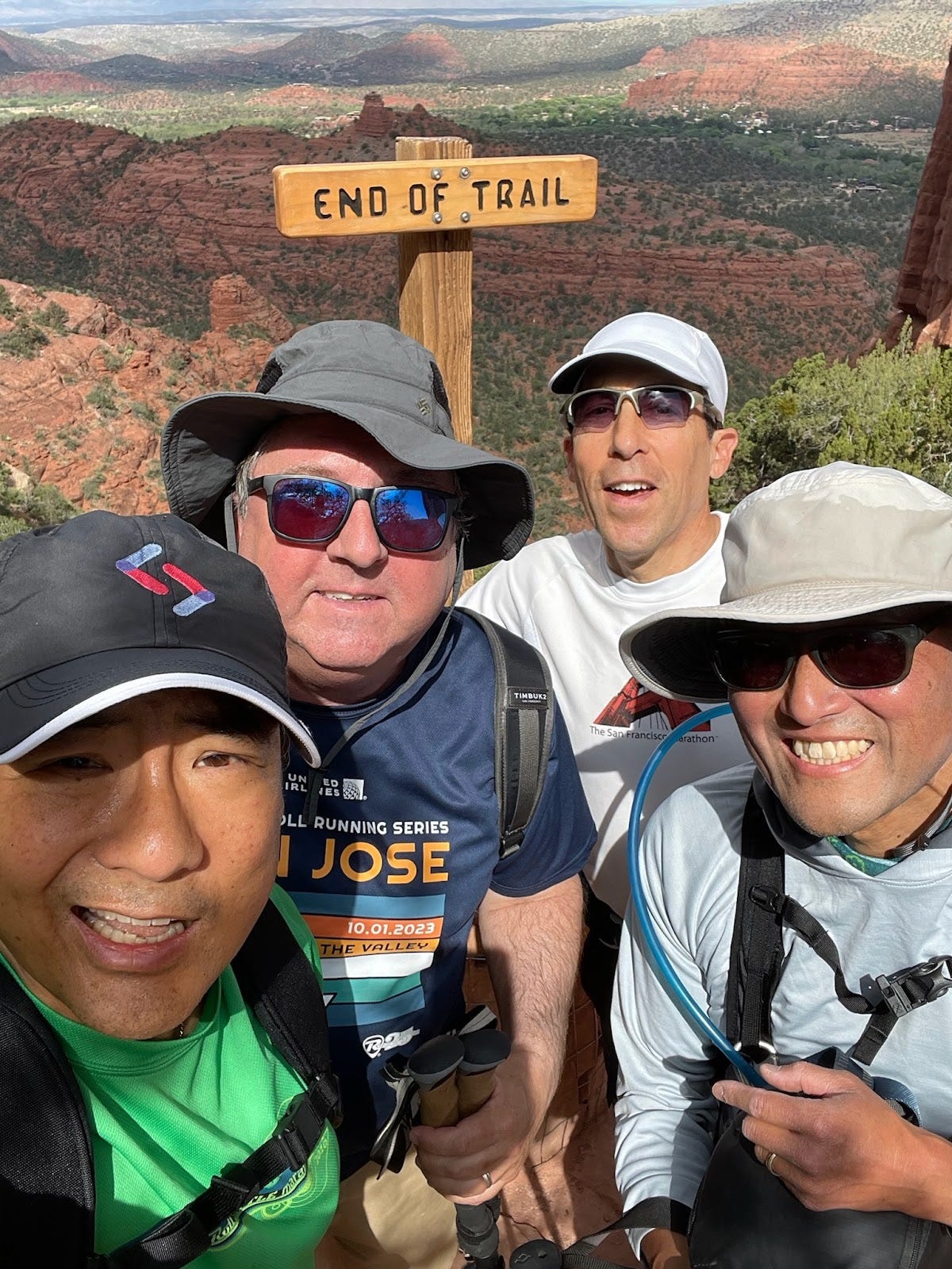 Stephen Pao, Wayne Fenton, Larry Stein, and Kent Kawahara at the "End of Trail" for Cathedral Rock in Sedona AZ
