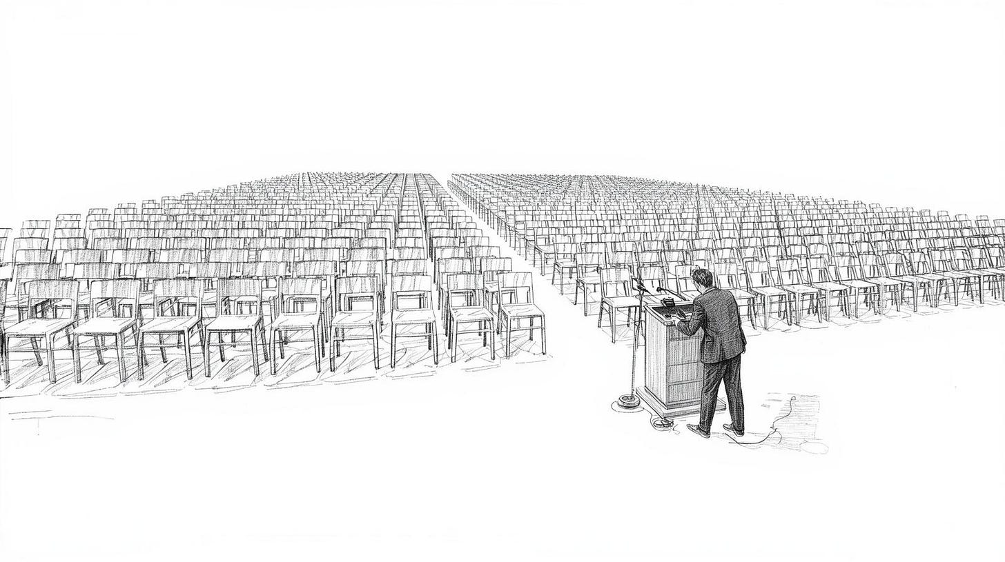 Lone figure arranges empty audience chairs then stands at their own podium Lone figure arranges empty audience chairs then stands at their own podium