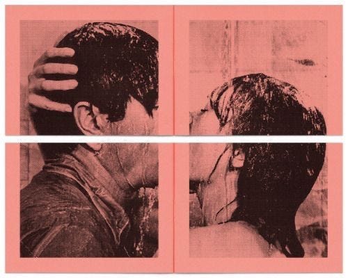 This may contain: the poster shows two people kissing each other in front of a brick wall with pink and black squares