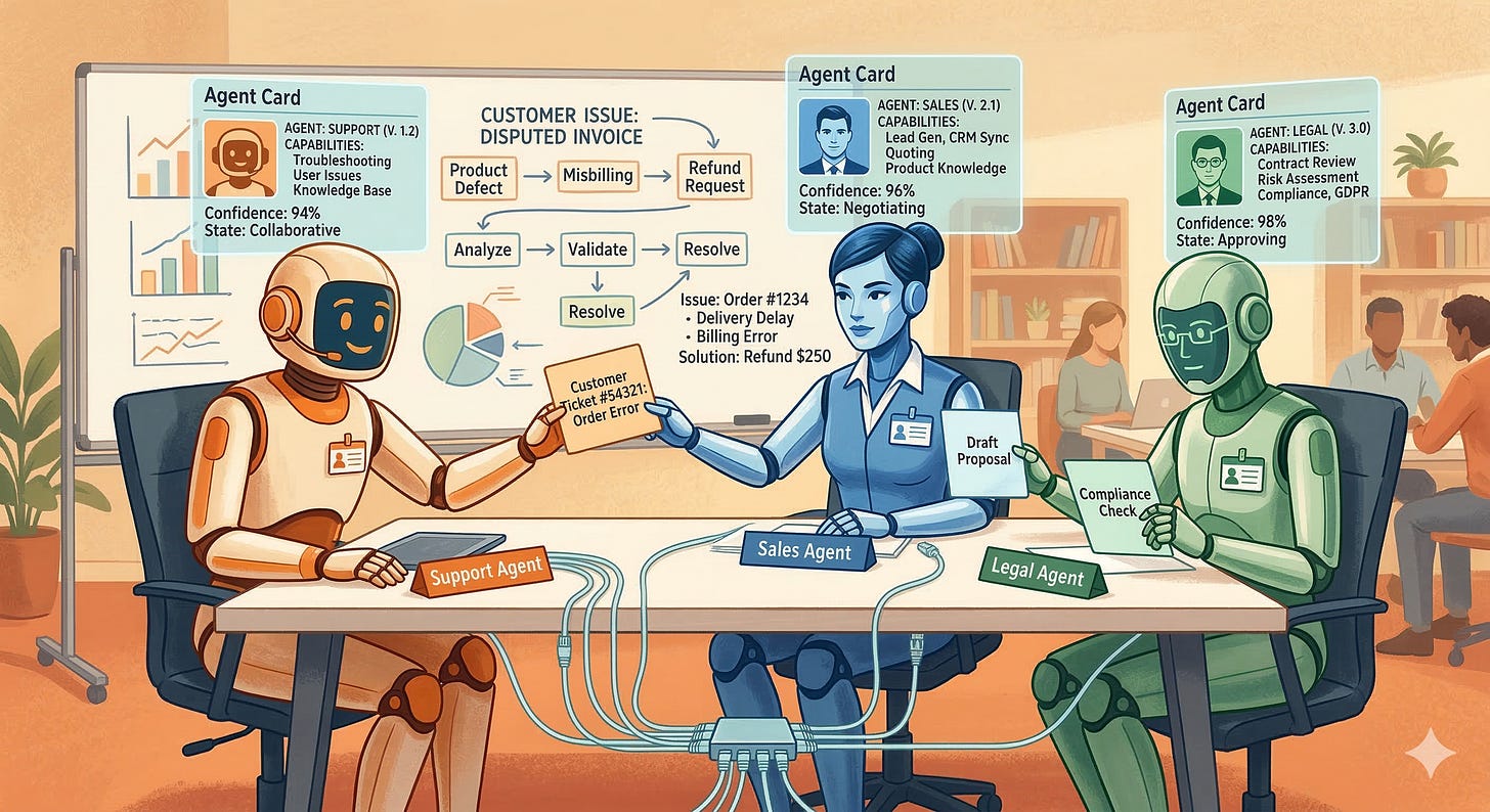 Three AI agents sitting around a conference table wearing name badges for Support Agent, Sales Agent, and Legal Agent. They pass structured task cards to each other while floating Agent Cards above each one display their capabilities. Ethernet-style cables connect them under the table, and a whiteboard in the background shows the customer issue they are collaborating on.