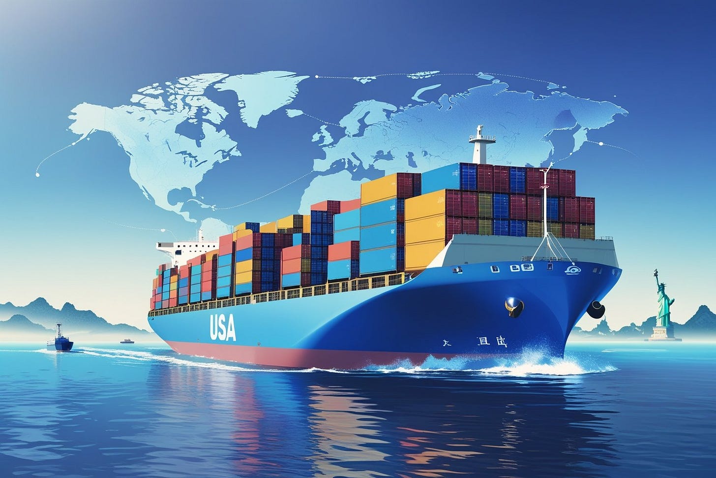 A large cargo ship carrying containers sailing across the ocean with a faint map showing a route from China to the USA and landmarks on each coast. A large cargo ship carrying containers sailing across the ocean with a faint map showing a route from China to the USA and landmarks on each coast.