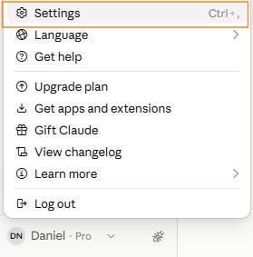 Claude desktop app account menu with Settings highlighted, showing "Daniel - Pro" at the bottom of the sidebar Claude desktop app account menu with Settings highlighted, showing "Daniel - Pro" at the bottom of the sidebar