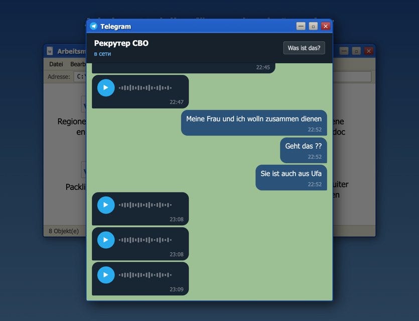 The simulated Telegram window in the WELT widget, with the chat in German and three voice messages. The simulated Telegram window in the WELT widget, with the chat in German and three voice messages.