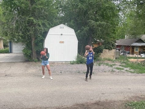 First photo: Andrea playing college basketball, Second Photo: Meg and Andrea sporting Caitlin Clark t-shirts, Third Photo: Meg and Andrea both holding basketballs 