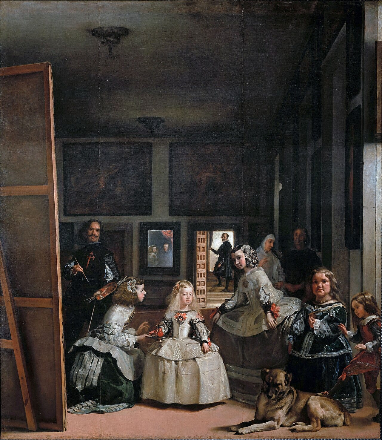 Las Meninas by Diego Velázquez: the Infanta Margarita in a silver dress among her maids of honor, a mirror behind Las Meninas by Diego Velázquez: the Infanta Margarita in a silver dress among her maids of honor, a mirror behind