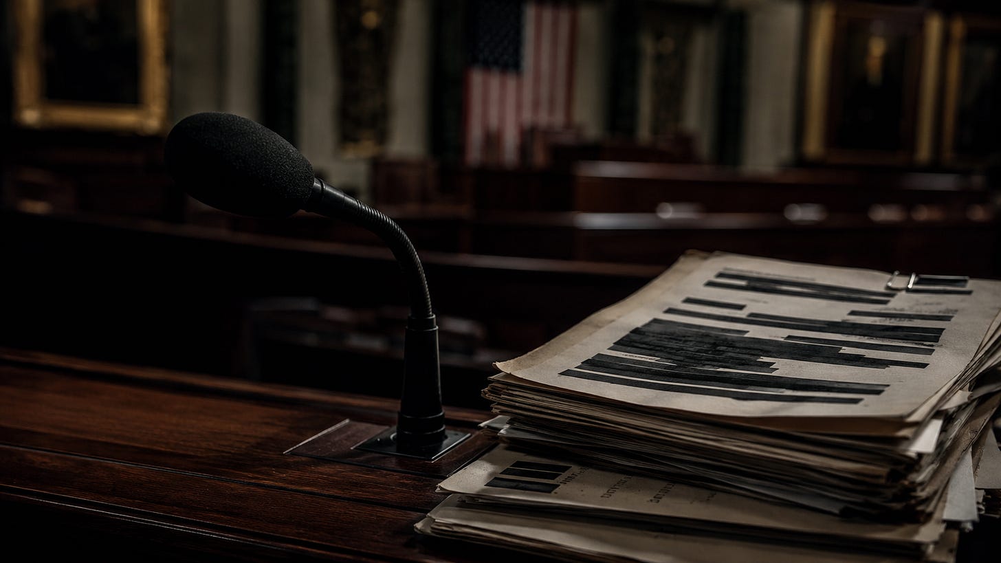 A congressional microphone beside a stack of heavily redacted federal files, symbolizing a lawmaker using floor speech to challenge institutional secrecy. A congressional microphone beside a stack of heavily redacted federal files, symbolizing a lawmaker using floor speech to challenge institutional secrecy.