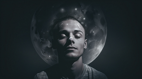 A man's face, moon and stars behind him, double-exposure
