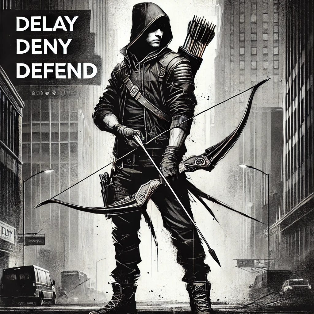 A modern reimagining of Robin Hood set in the 21st century, depicted in a black-and-white art style. He wears a sleek hoodie, dark jeans, and sneakers, with a quiver of arrows slung over his back and a modernized bow in hand. His appearance is gritty yet heroic, with a determined expression. The background is a shadowy urban environment, with graffiti and tall buildings, emphasizing rebellion and justice. The words 'Delay, Deny, Defend' are artistically incorporated into the scene, appearing as bold graffiti or text integrated into the urban setting, enhancing the dramatic tone.