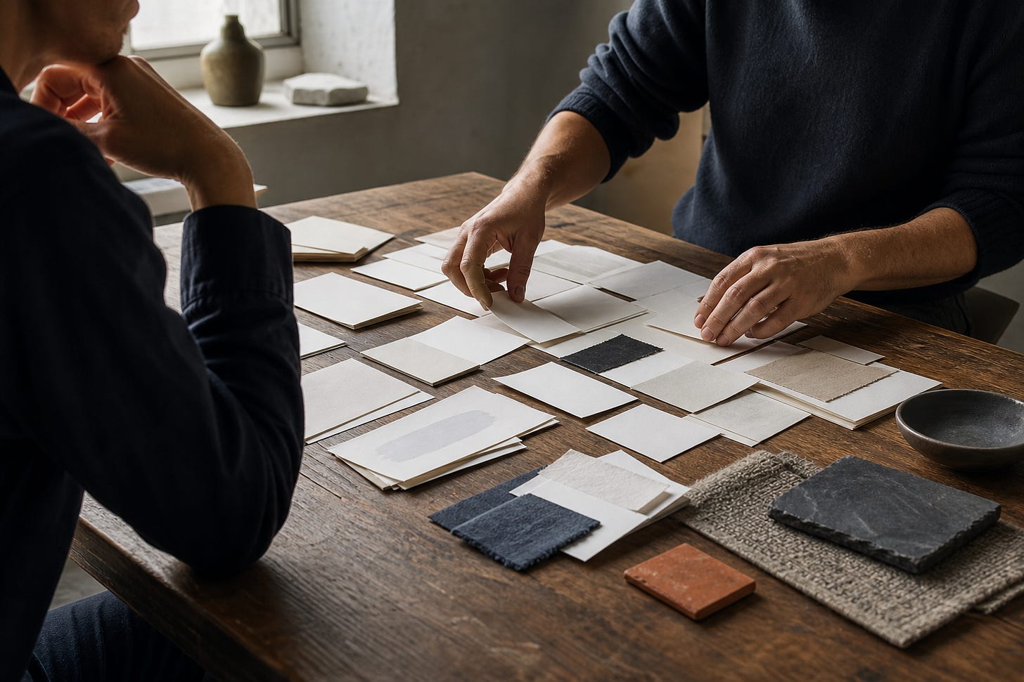 Two people sorting sample cards, fabrics, tiles, and articles on a wooden table by a window.