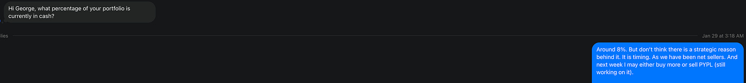 Screenshot of investor conversation discussing portfolio cash levels and potential decision to buy more or sell PayPal (PYPL), providing context in a PayPal deep dive investment thesis and post-mortem analysis.