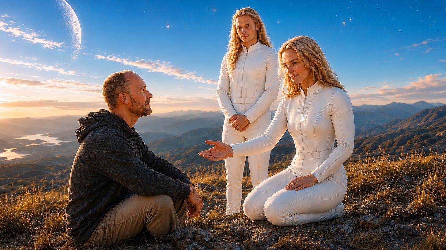 A man sits on a golden mountain ridge at sunset, meeting two peaceful Nordic-like beings in white suits beneath a luminous cosmic sky. A man sits on a golden mountain ridge at sunset, meeting two peaceful Nordic-like beings in white suits beneath a luminous cosmic sky.
