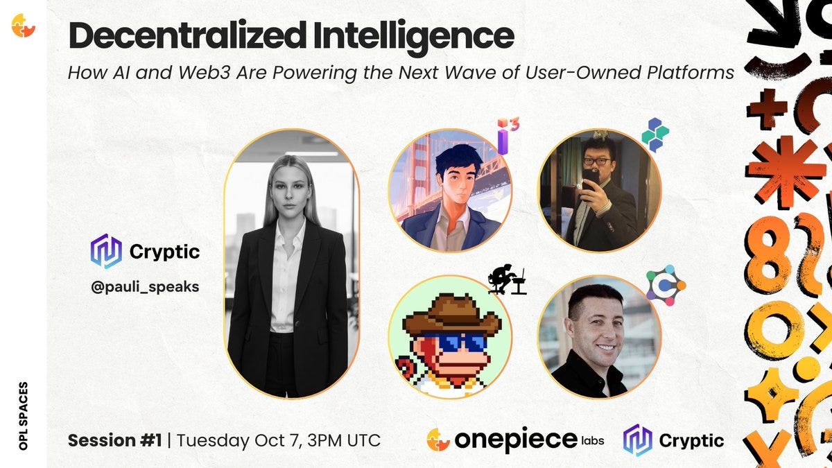 Pauli, JP Marcos, Xiao Shu, Danbee No, and Fernando Jia are shown in circular and oval frames. Pauli is a woman in a white shirt and dark blazer. JP Marcos is depicted as an avatar with a cowboy hat and sunglasses. Xiao Shu and Danbee No are men, one taking a selfie and the other smiling. The Cryptic and OnePiece Labs logos are visible.