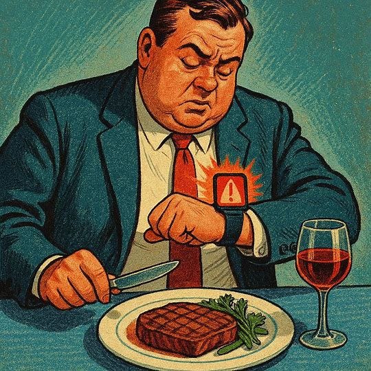 a slightly fat businessman looking down at his watch and a steak at a dinner table while looking at a red alert on his smartwatch, 1960s sci-fi color drawing.
