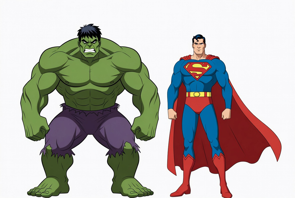 A cartoonish illustration of Hulk and Superman standing side by side against a white background. A cartoonish illustration of Hulk and Superman standing side by side against a white background.