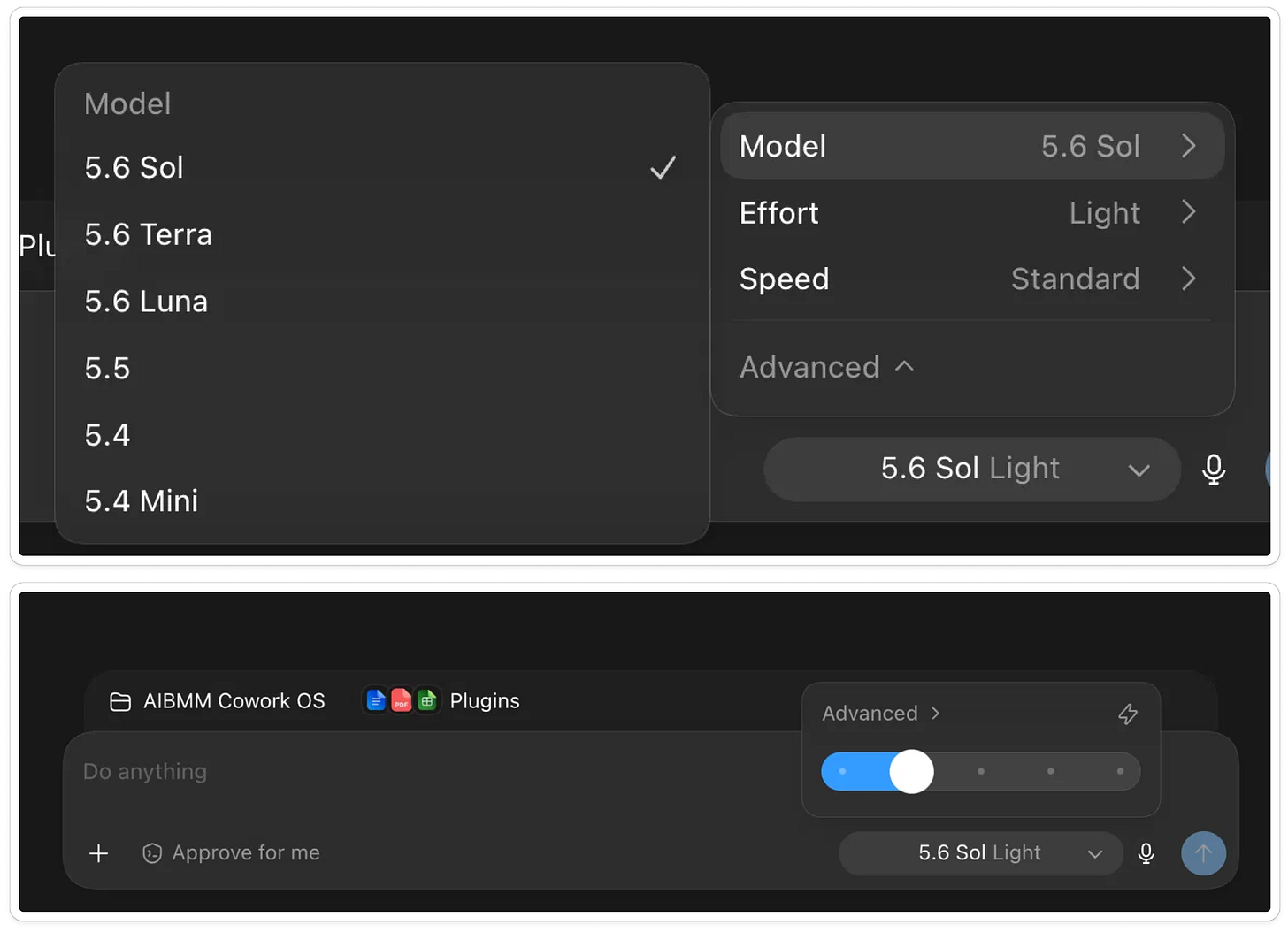 ChatGPT desktop app model picker with separate Model, Effort, and Speed settings, the model list showing 5.6 Sol, 5.6 Terra, 5.6 Luna, 5.5, 5.4, and 5.4 Mini, plus the Advanced intelligence slider below.