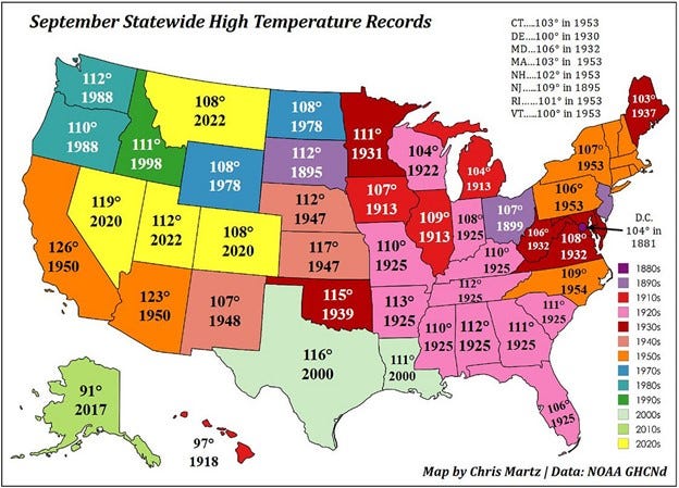 Map of U.S. statewide high temperature records for September, with dates and maximum temperatures marked by state using NOAA data.