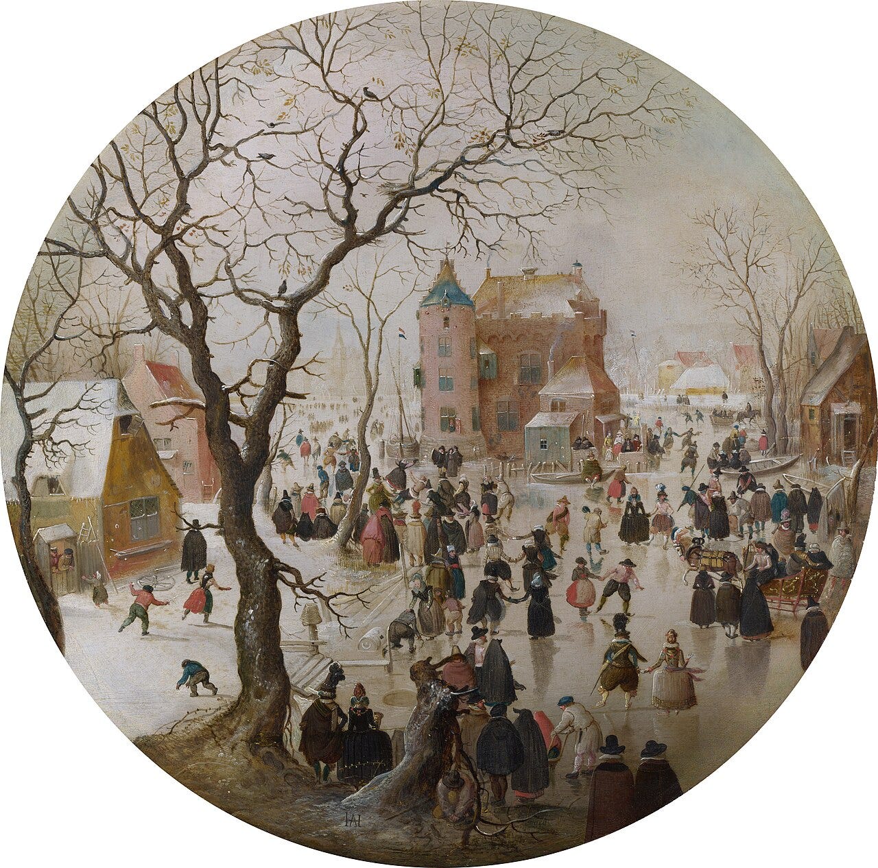 Crowded frozen canal with skaters Crowded frozen canal with skaters