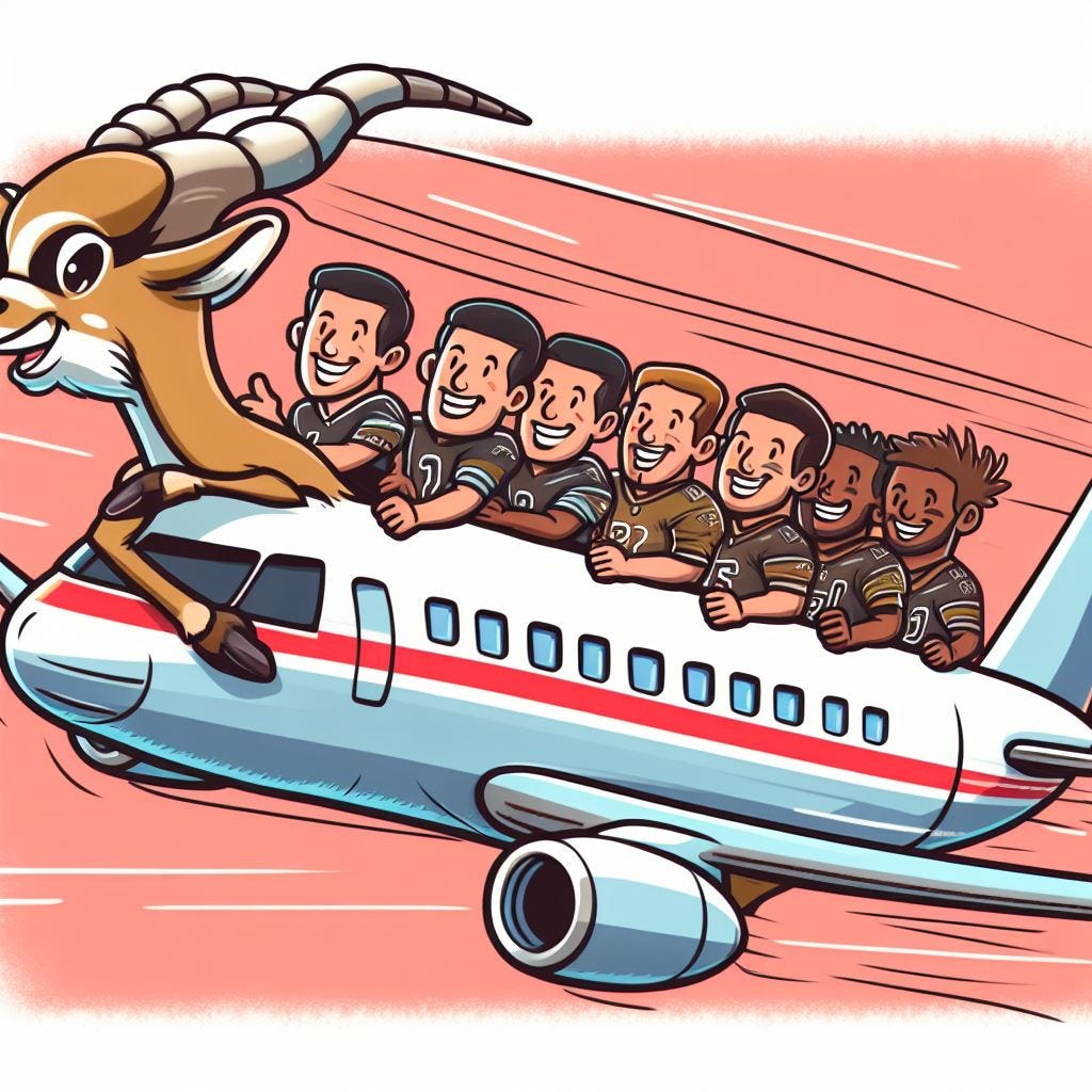 draw a cartoon of an antelope flying a plane full of nfl players 