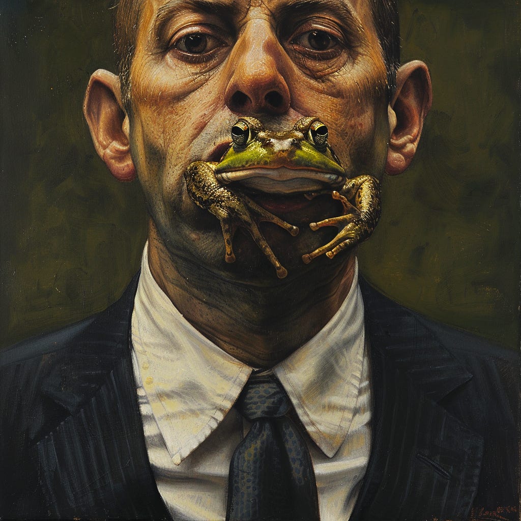 This is what we see in the mirror every morning. It's harder to tell who's more displeased: the slimy creature with the protuberant eyes, or the frog. 