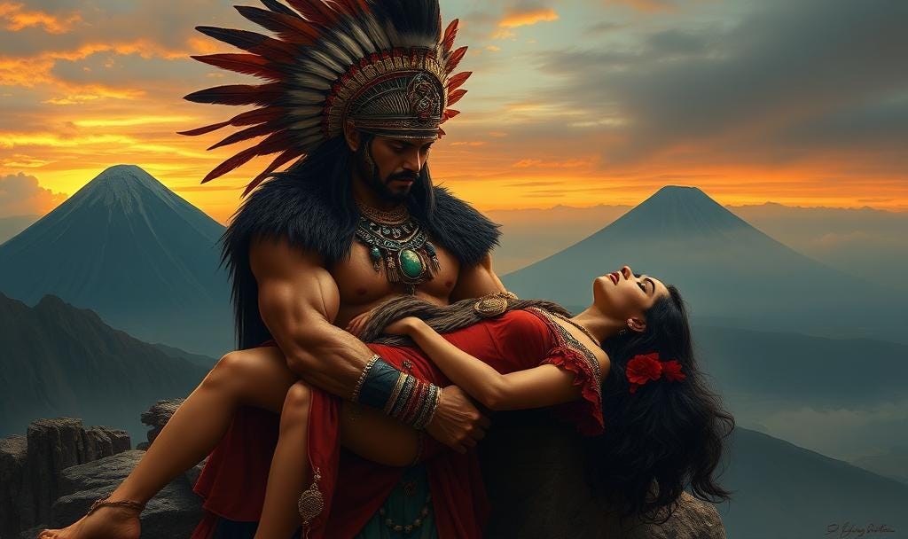 A dramatic and romantic painting of a legendary Aztec Jaguar warrior, cradling his deceased princess lover in his arms. He is a muscular man with a stoic expression of profound grief, wearing an elaborate feathered headdress and jade jewelry. The beautiful woman lies limp, her long dark hair flowing, wearing a traditional *huipil* gown. They are on a mountainous slope at sunset, with two massive volcanoes in the background. The style is epic and sorrowful, inspired by the classic paintings of Jesús de la Helguera. Cinematic lighting, highly detailed, emotional.