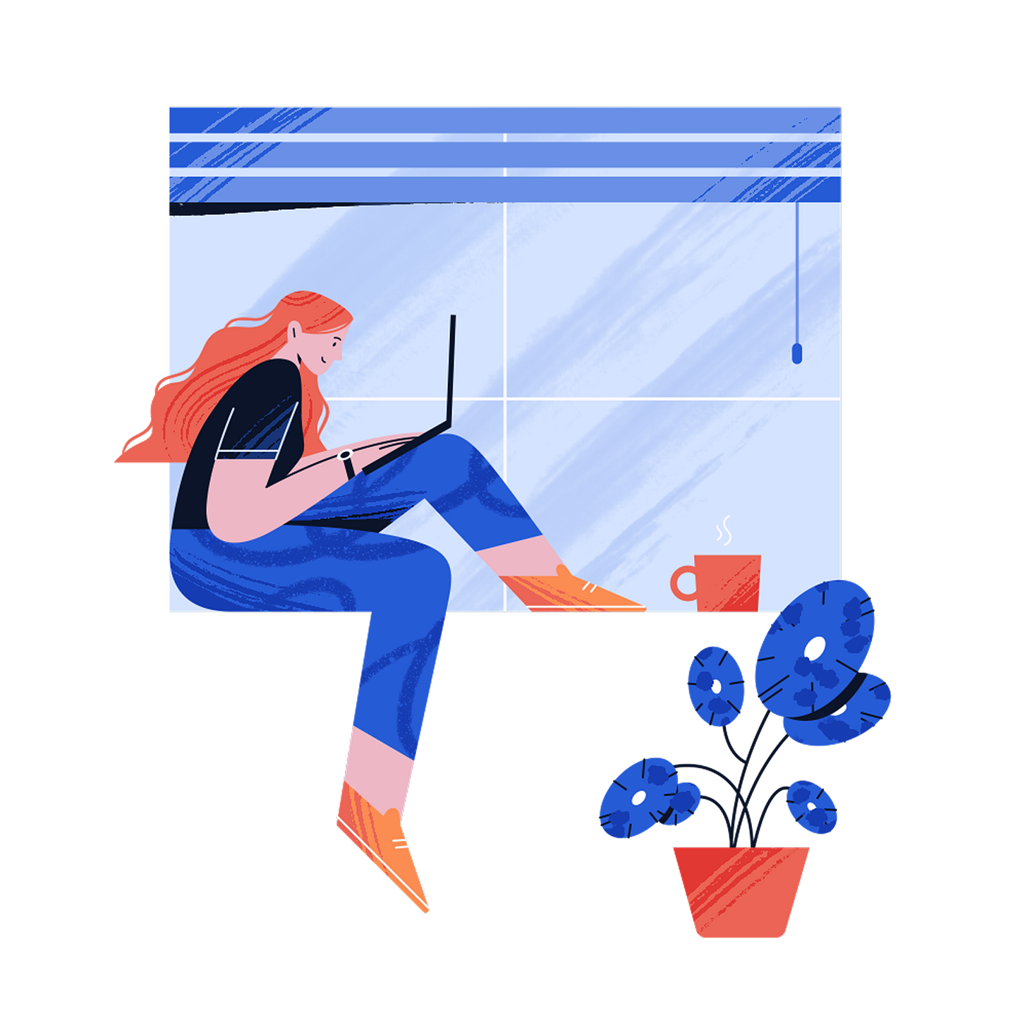 A girl with a laptop sits on a windowsill near a window, next to a cup of coffee and a plant, on a white background.