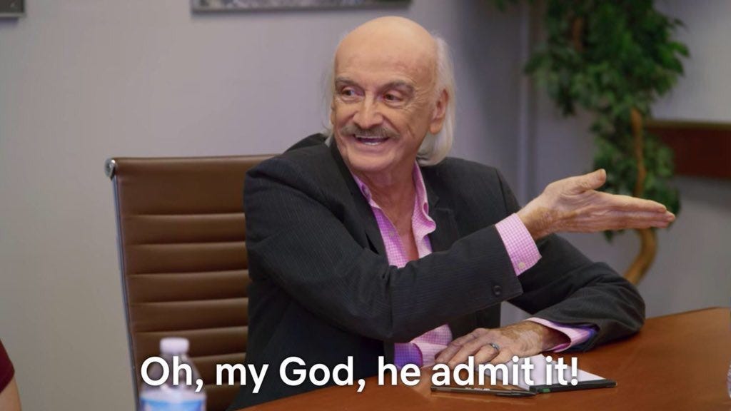 Old Italian man saying "oh, my god, he admit it!"