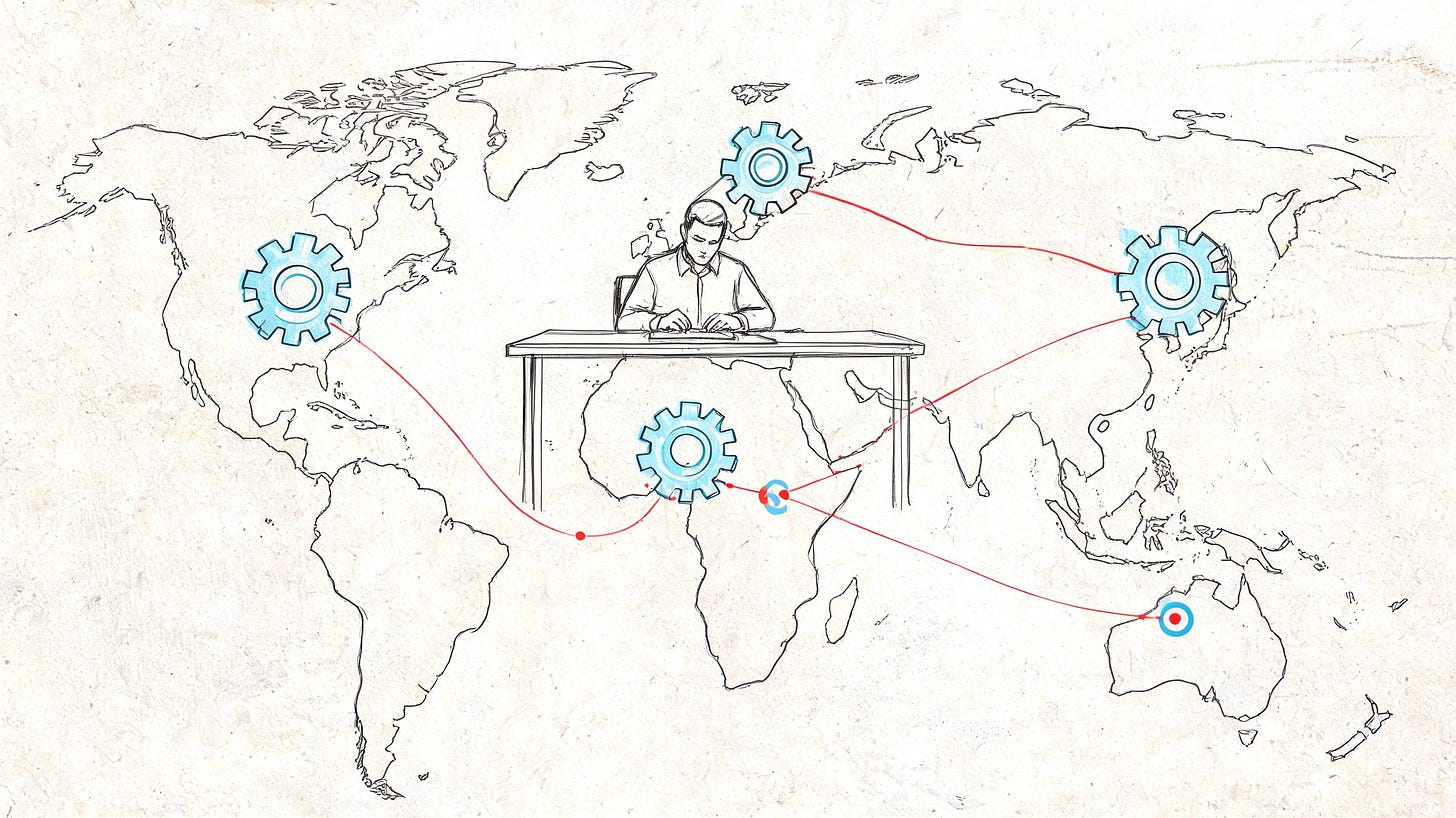A line drawing illustration of a person working at a desk connecting global business operations worldwide.