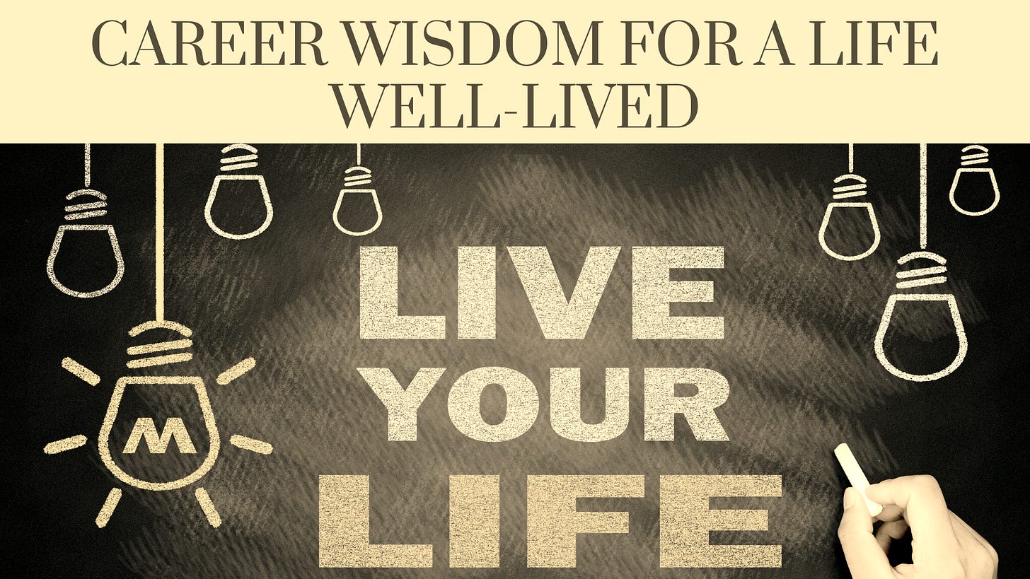 Career Wisdom for a Life Well-Lived - Inspirational chalkboard-style image with illuminated light bulbs and the message ‘Live Your Life.’