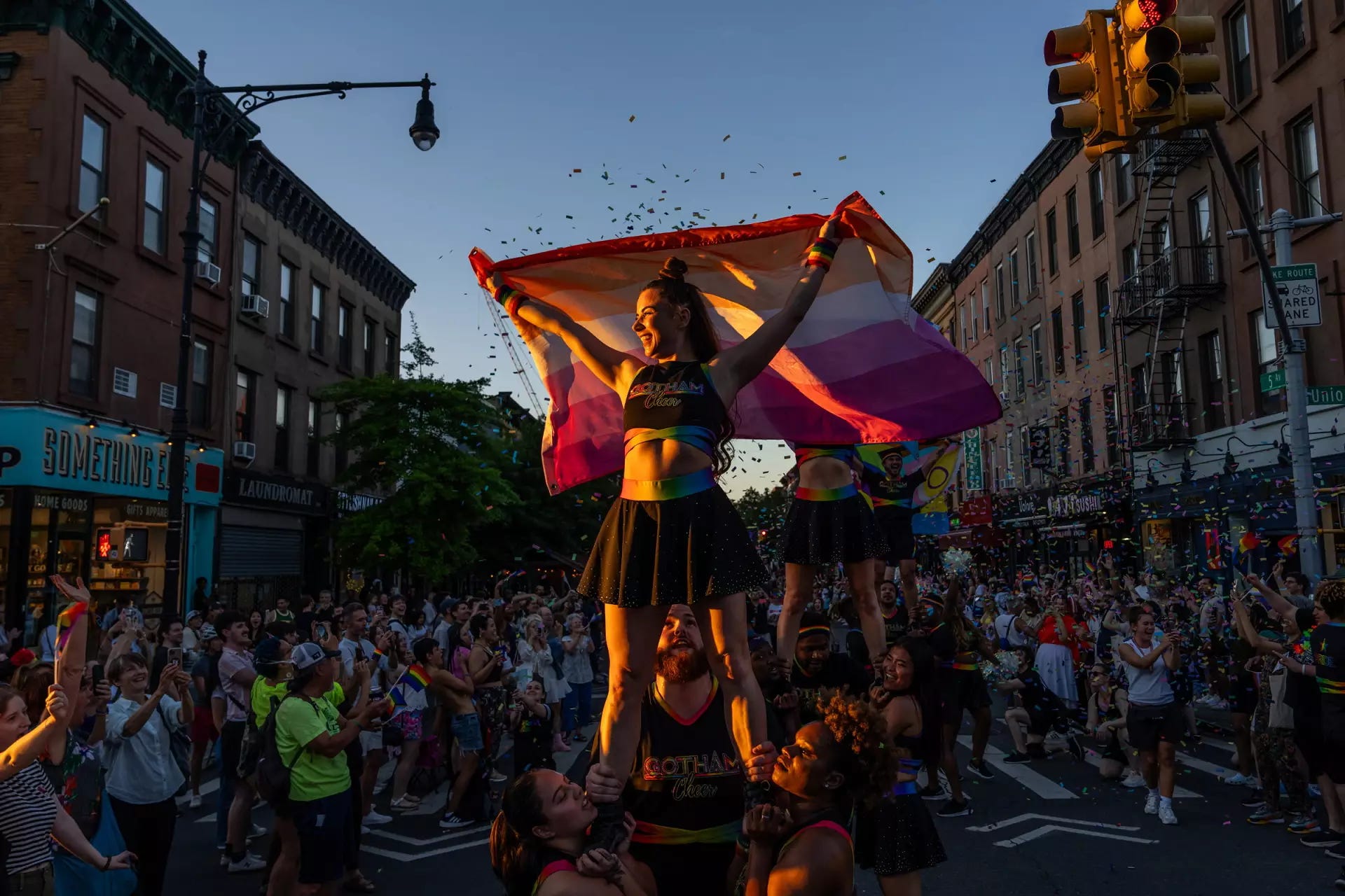 Gotham Cheer, a lesbian, gay, bisexual, transgender adult cheerleading team perform during the Brooklyn Pride Parade. Brooklyn, New York City, 8 June 2024 Gotham Cheer, a lesbian, gay, bisexual, transgender adult cheerleading team perform during the Brooklyn Pride Parade. Brooklyn, New York City, 8 June 2024