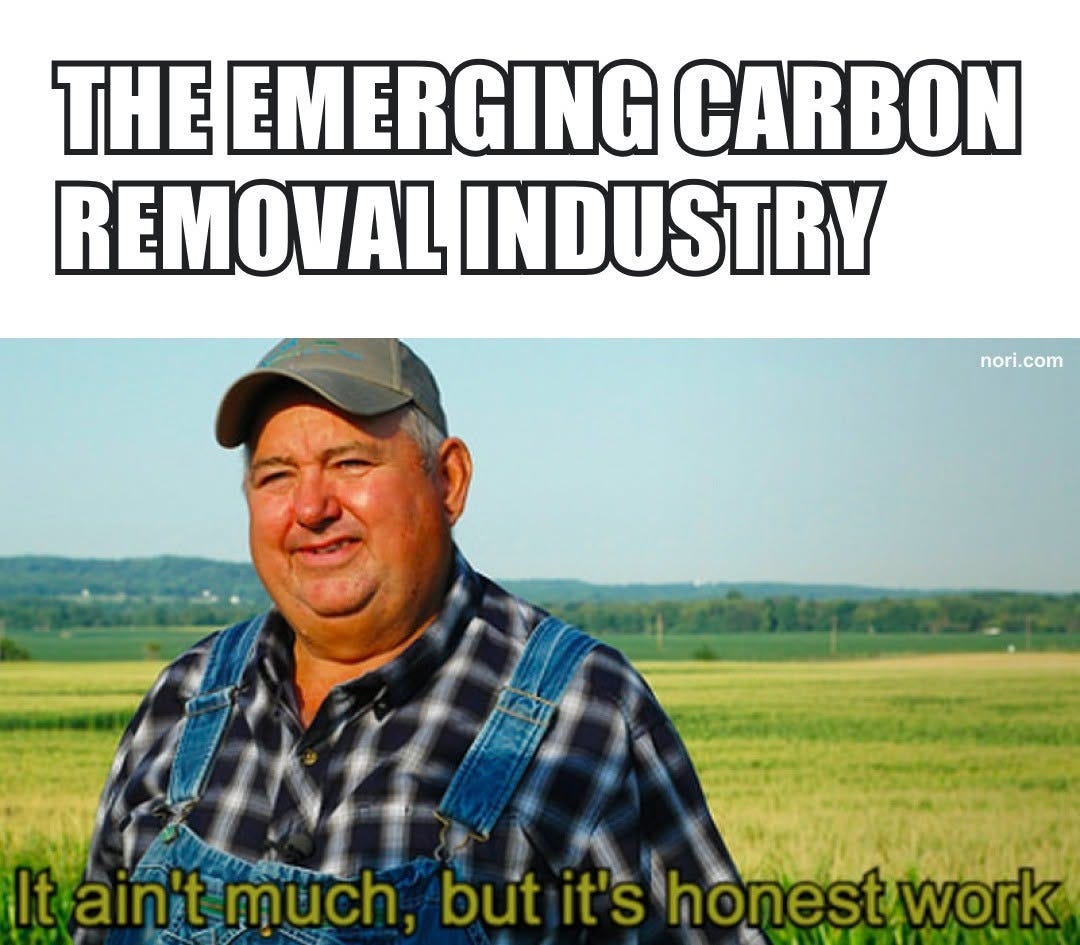Text: "The emerging carbon removal industry." Below, a smiling farmer in overalls and a cap in front of a field, captioned "It ain't much, but it's honest work".