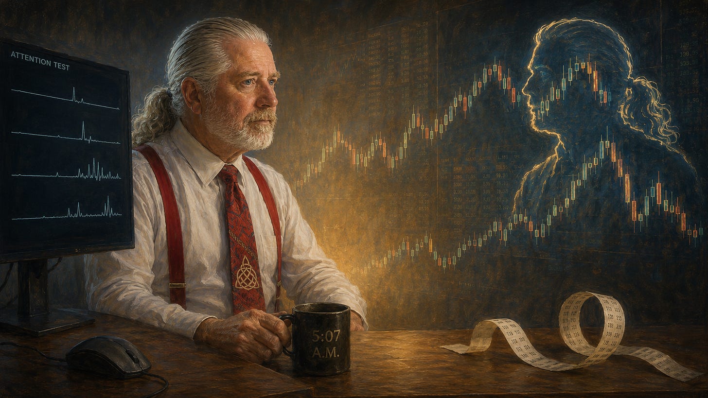 Rick Horowitz sits beside an attention-test display as stock-market candlesticks spread across the wall and form a second silhouette of his profile, linking his reaction pattern to the tape he reads.