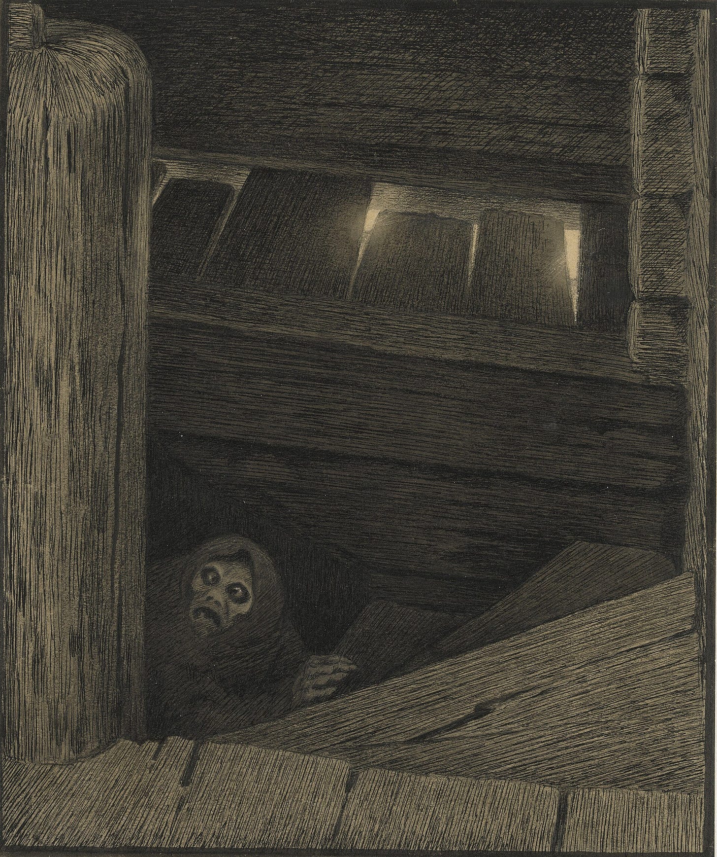 Dark ink drawing of a hooded old woman with a skull-like face climbing a steep wooden staircase toward a loft.